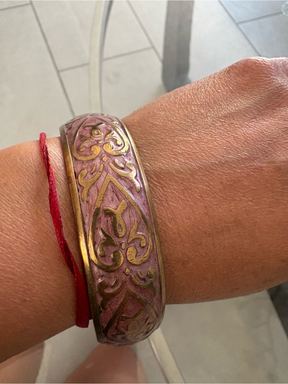 Pink Enamel and Gold-Tone Floral Bangle Bracelet